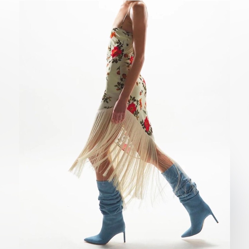 MIRAE Belle Rose Floral Fringe Dress in Ecru color Size 40 M NWT